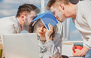 Boring meeting. Office workers talking. Sad secretary, assistant and manager. Business team discuss at the outdoor.