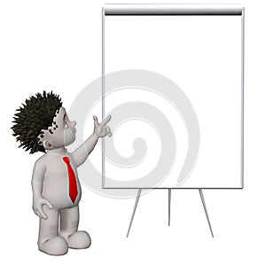 Boris 3D character pointing to blank flipchart