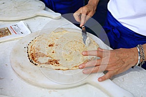 Borlengo tigelle typical products with flour and water Italy