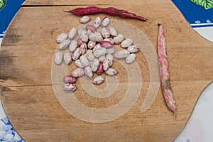 Borlotti beans peeled on wooden cutting board