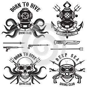 Born to dive. Set of vintage diver helmets, diver label templates and design elements. Design elements for logo, label, emblem, s