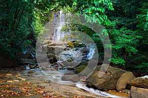 Borneo rain forest waterfall, idyllic stream flowing in the lush green jungle of Kubah National Park, Sarawak, Malaysia. Blurred e