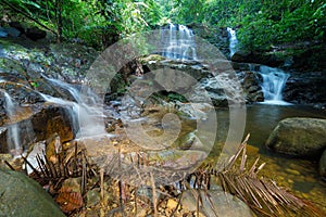 Borneo rain forest waterfall, idyllic stream flowing in the lush green jungle of Kubah National Park, Sarawak, Malaysia. Blurred e