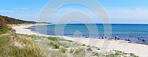 Bornholm beach, Denmark, panorama, clear sky, blue water, scenic