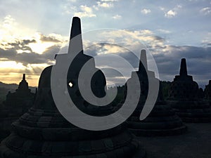 Borobudur Buddhist temple at sunset. Near Yogyakarta on Java Island, Indonesia