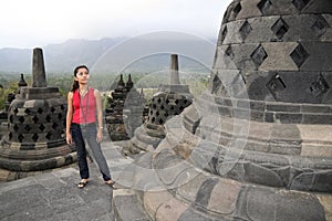 Borobudur temple girl java indonesia