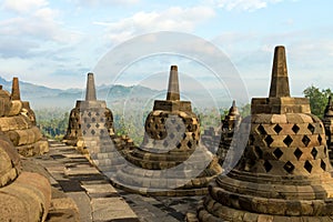 Borobudur temple stupa row in Indonesia