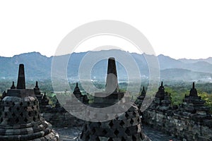 Borobudur temple stupa row in Yogyakarta, Java, Indonesia.