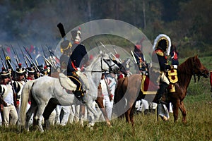 Battle scene. Borodino battle historical reenactment in Russia