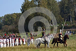 Battle scene. Borodino battle historical reenactment in Russia