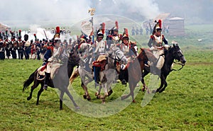 Cuirassiers at Borodino battle historical reenactment in Russia