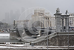 Borodinsky bridge in Moscow at snowfall