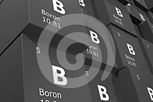 Boron, 3D rendering background of cubes of symbols of the elements of the periodic table