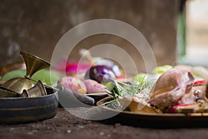 Boron dala and other puja essentials like kasar ghanta etc kept together for hindu pooja rituals