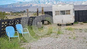 Borrego Springs Trailer and Two Retro Baby Blue Outdoor Chairs