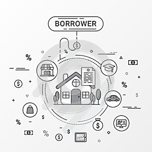 Borrower infographics design concept. Flat line image contains loan shopping, education, trading, home loan trading.