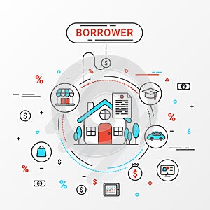 Borrower infographics design concept. Flat line image contains loan shopping, education, trading, home loan trading.