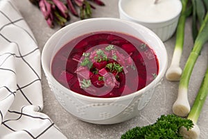 Borsch - beetroot soup. Ukrainian and Russian traditional vegetable vegetarian red soup