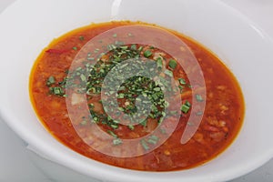 borsch red soup with fresh green onions