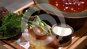 Borsch served in restaurant. Traditional ukrainian lunch close up