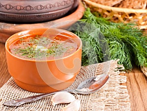 Borsch, soup from a beet and cabbage with tomato sauce