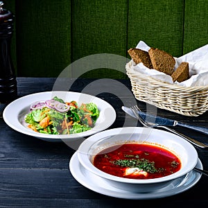 Borsch soup in a cafe, lunch menu