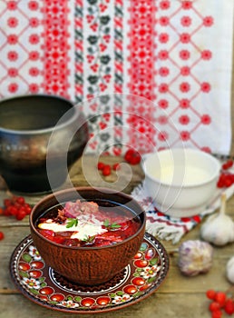 Borsch, traditional Ukrainian beet and sour cream soup