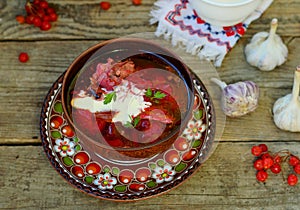 Borsch, traditional Ukrainian beet and sour cream soup