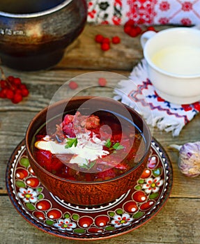 Borsch, traditional Ukrainian beet and sour cream soup