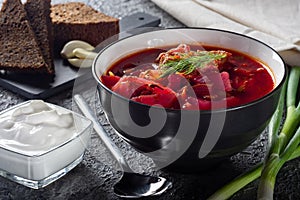 Borsch. Ukrainian soup. The red soup. Borscht with sour cream and onions, rye garlic bread.