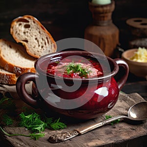 Borscht Beet Soup On Stone In Rustic Pub Ukrainian Dishes. Generative AI