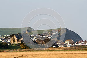 Borth church with headland in the background