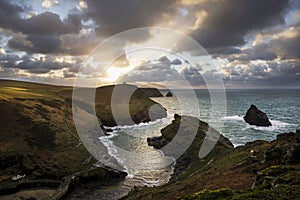 Boscastle Harbour mouth on a cloudy autumn afternoon, Cornwall, UK