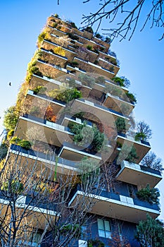 The Bosco Verticale residential complex in Milan, Italy, in winter