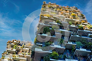 The Bosco Verticale residential complex in Milan, Italy, in winter