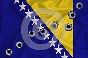 Bosnia and herzegovina flag Close-up shot on waving background texture with bullet holes. The concept of design solutions. 3d