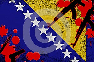 Bosnia and Herzegovina flag and guns in red blood. Concept for terror attack and military operations