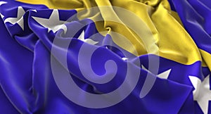 Bosnia and Herzegovina Flag Ruffled Beautifully Waving Macro Close-Up Shot