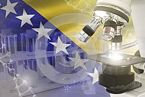 Bosnia and Herzegovina science development digital background - microscope on flag. Research of medicine design concept, 3D