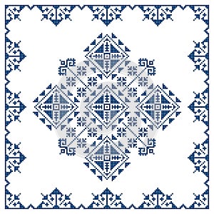 Bosnia and Herzegovina traditional Zmijanje embroidery folk art vector pattern, geometric design with frame in navy blue on white