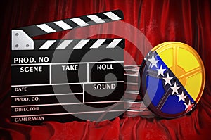 Bosnian and Herzegovinan  cinematography, film industry, cinema in Bosnia and Herzegovina. Clapperboard with and film reels on the