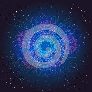 Boson Higgs, quantum mechanics. Voyage in the Space. Big Bang illustration. Vector abstract cosmic background.