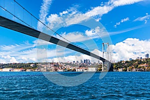 The Bosphorus Bridge or the 15 July Martyrs Bridge with Ortakoy Mosque on the background, Istanbul