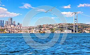 Bosphorus Bridge and Istanbul skyscrappers, beautiful view