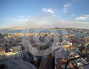 Bosphorus strait view from above Galata tower in Turkey, city buildings bellow photo