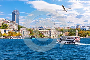 The Bosphorus, view on the Molla Celebi Mosque and the modern buildings of Istanbul, Turkey