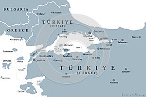 Bosporus and Dardanelles, the Turkish Straits, gray political map