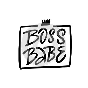 Boss babe black color lettering phrase. Modern text logo in frame.