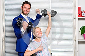 Boss businessman manager raise hand with dumbbells. Strong business team. Healthy habits in office. Key to success