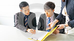 Boss businessman sign contract document partner business in meeting conference room